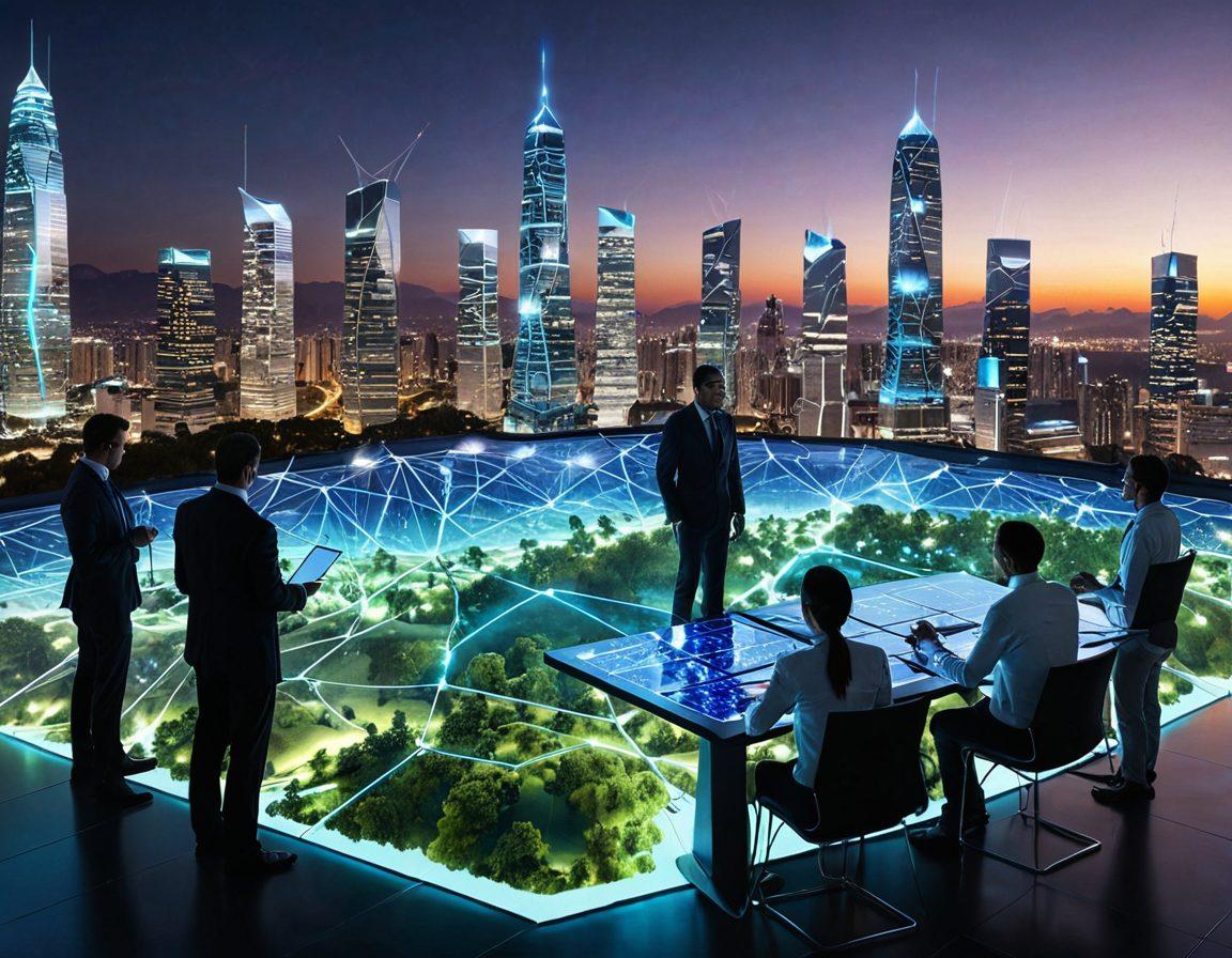 A futuristic landscape showcasing advanced network technology with glowing nodes and digital connections symbolizing the Lanac Technology revolution. In the foreground, a diverse group of professionals collaborates around a holographic network map, depicting innovation and connectivity. The background features sleek skyscrapers with integrated technology, showcasing a blend of nature and digital advancements. The scene is bathed in vibrant blue and green hues to evoke a sense of progress and sustainability. super-realistic. vibrant colors.