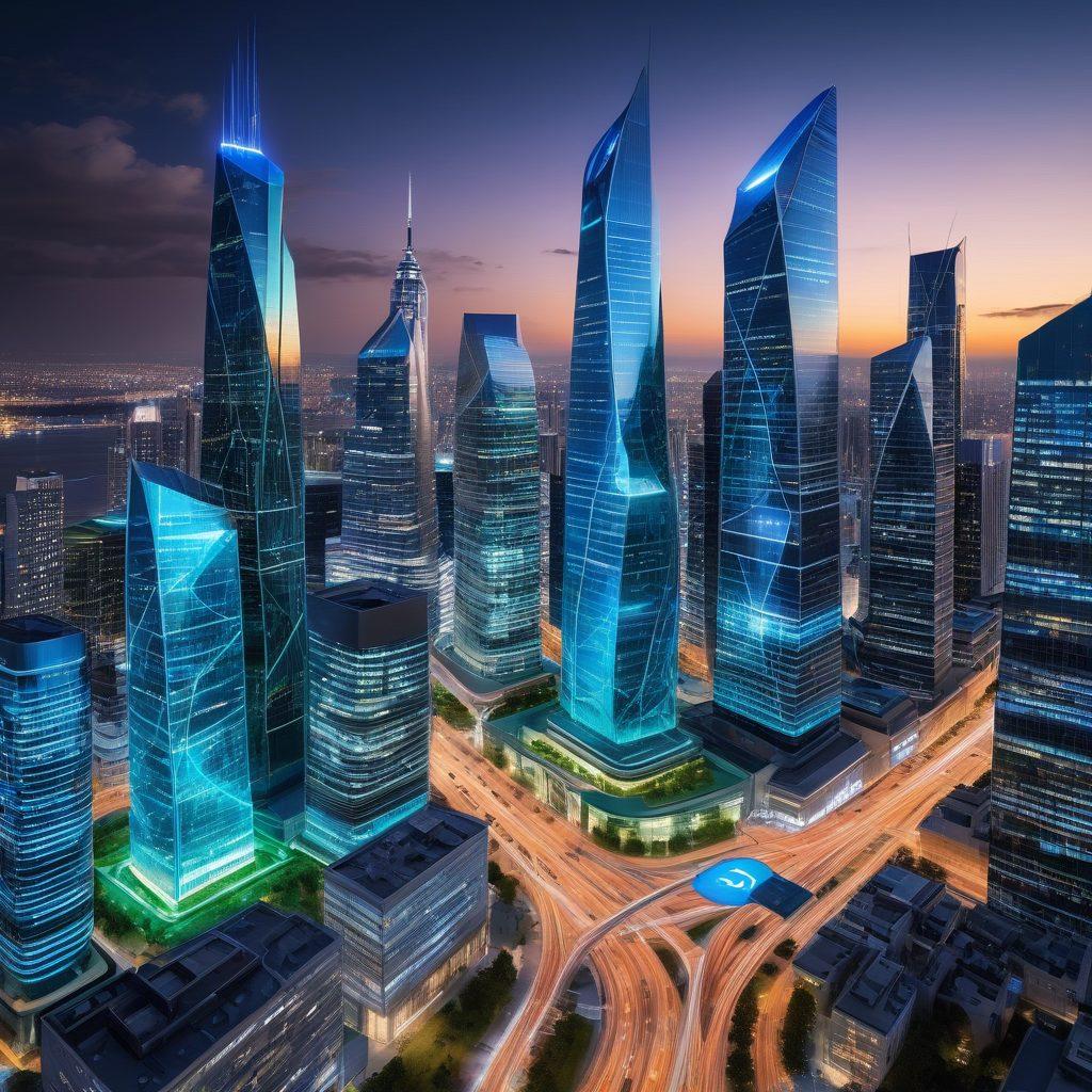 A modern cityscape showcasing sleek, state-of-the-art skyscrapers representing Lanac's cutting-edge infrastructure, with digital networks and glowing connections symbolizing innovation. In the foreground, diverse professionals engaging in teamwork, brainstorming ideas, and using advanced technology, embodying empowerment and success. Bright blue and green tones to signify growth and technology. super-realistic. vibrant colors.