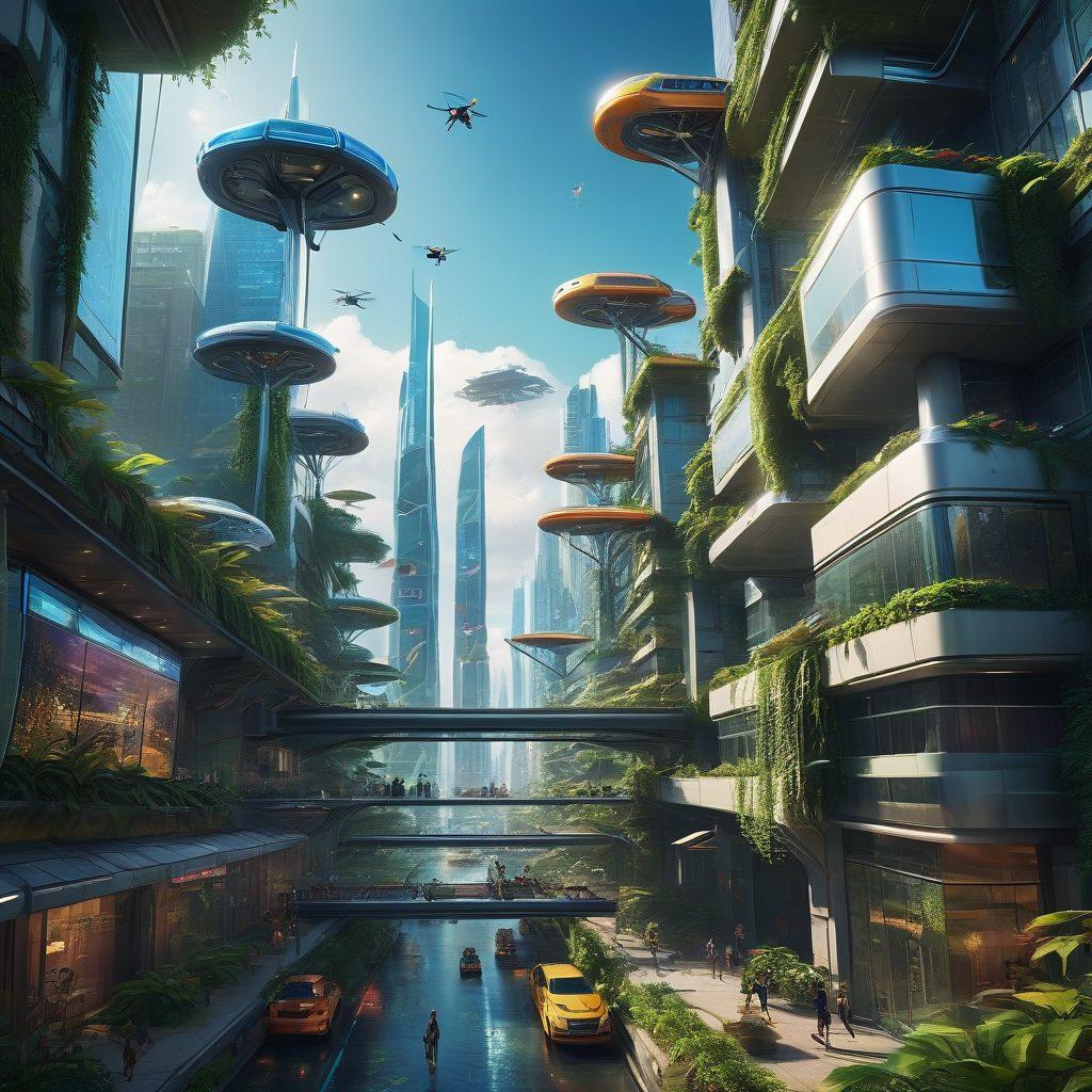 A futuristic cityscape with advanced technology, featuring sleek buildings embedded with greenery, showcasing innovative services like drones delivering packages, smart transit systems, and interactive digital displays. Include diverse people using cutting-edge devices and collaborating in a high-tech environment. The sky should be bright with floating solar panels and wind turbines in the background, symbolizing sustainability. cyberpunk style. vibrant colors. 3D.